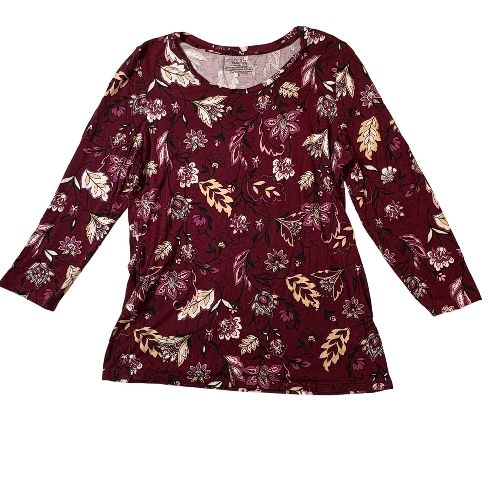 Investments Essentials‎ Womens Burgundy Floral 3/4 Sleeve Scoop Neck Top Size M